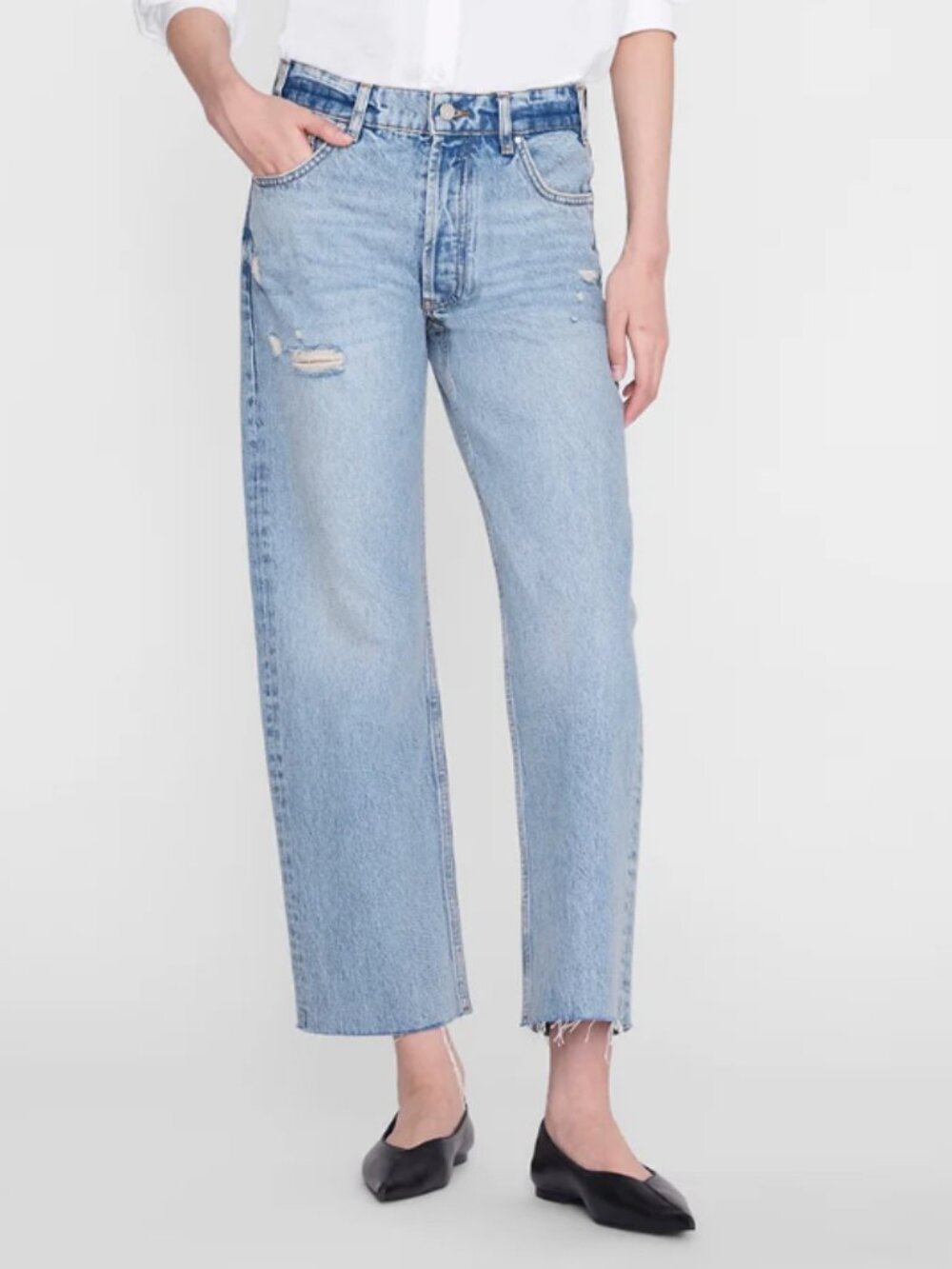 Anine Bing Light Blue Gavin Distressed Button Fly Raw Hem Jeans 27